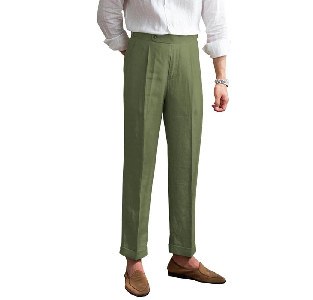 【Italy製】80〜90s linen slacks Men Linen Italian Pants High Waist Straight Suit Trousers